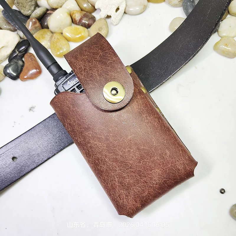Funda de Cuero Hecha a Mano Personalizada para Walkie Talkie, Riñonera de Cuero de Primera Capa con Estructura Completamente Remachada MF