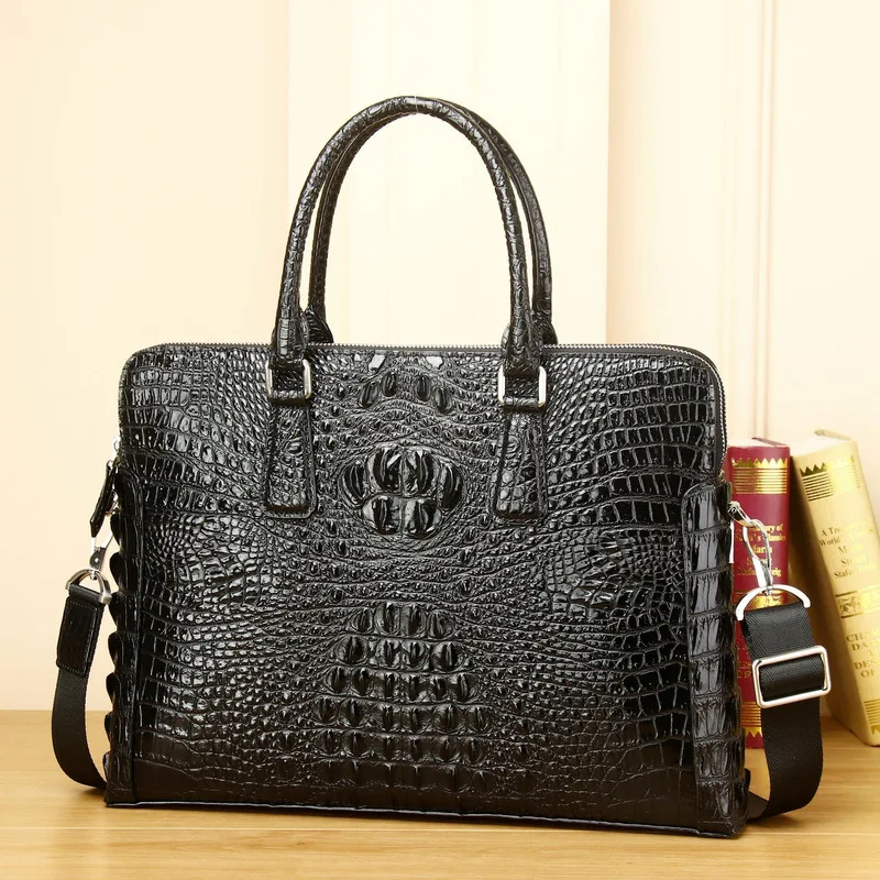 2024 New Crocodile Pattern Double Layer Zipper Genuine Messenger Leather Briefcases Men Bag Men's Bag Business Briefcase Handbag