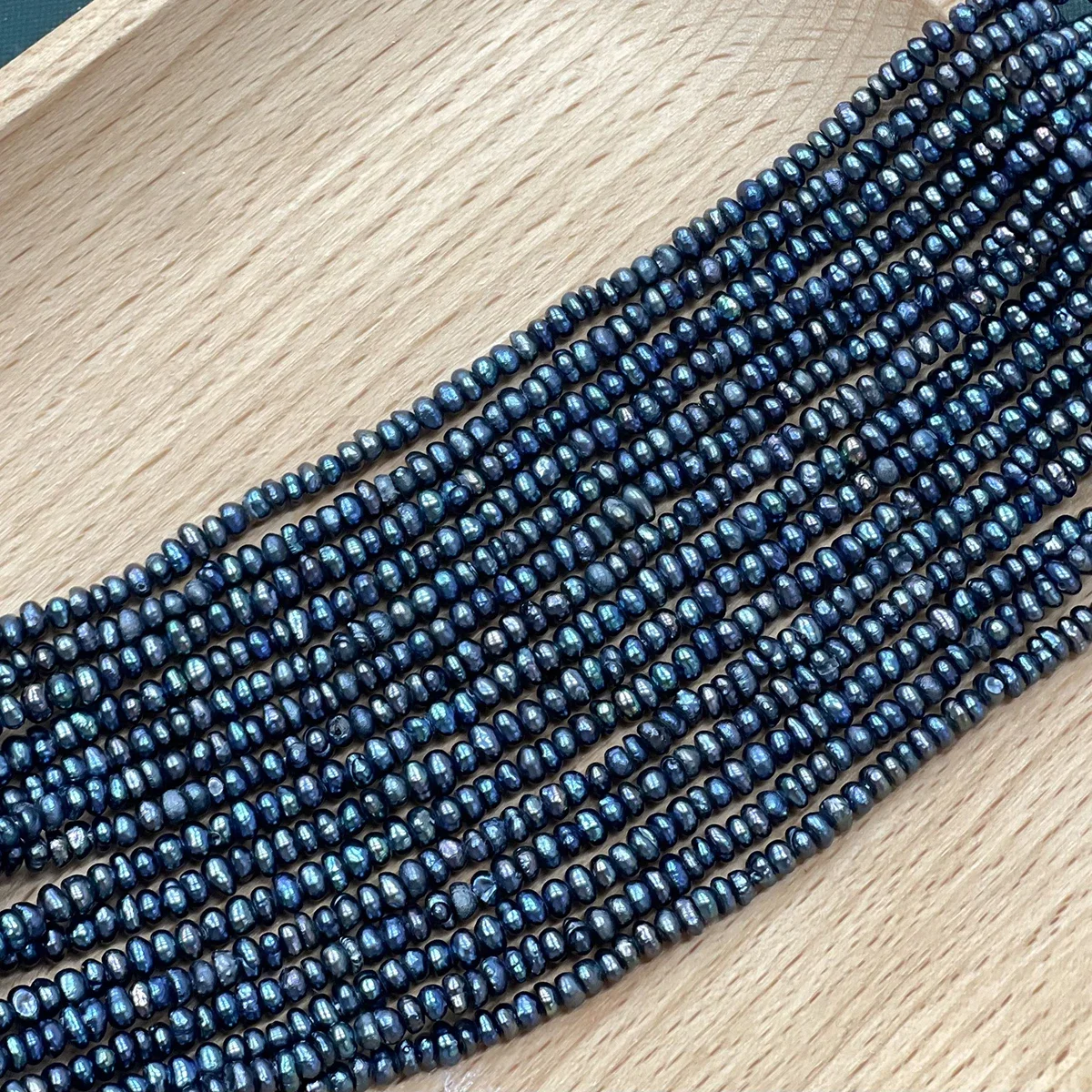3-4mm schwarze, brötchenförmige Süßwasserperlen, 36cm Strang, flache lose Perlen für DIY-Schmuckherstellung für Halsketten und Armbänder – Detail 5