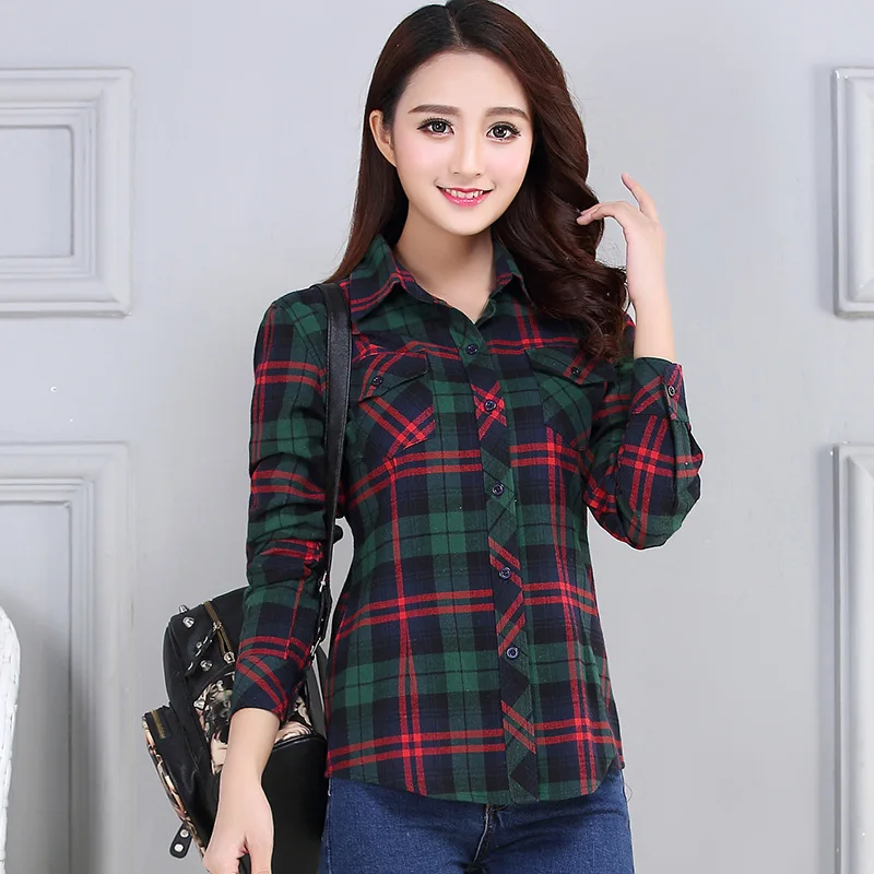 Women\'s Plaid Shirts 2023 Autumn New Ladies Casual Long Sleeve Pocket Cotton Shirt Fine Elegant Lady Checked Tops Clothes