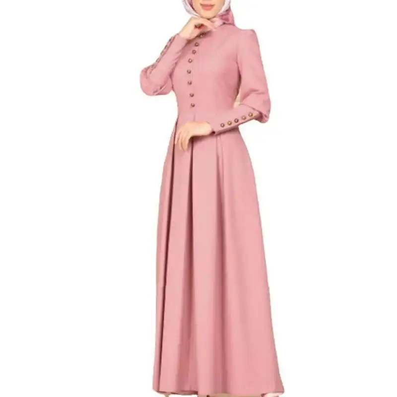 Robe droite mince à manches longues bouton décoratif Robe ethnique 324 Robe longue Robe Abaya Ramadan dubaï luxe Islam élégant