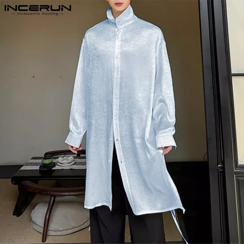 

2024 Men Shirt Solid Satin Turtleneck Long Sleeve Button Streetwear Long Style Shirts Korean Fashion Casual Men Clothing INCERUN