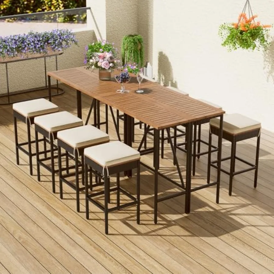 

10 Piece Brown Outdoor Patio Dining Set, Folding Acacia Wood and PE Rattan Bar Table with 8 Stools, Waterproof Cushions, All-We