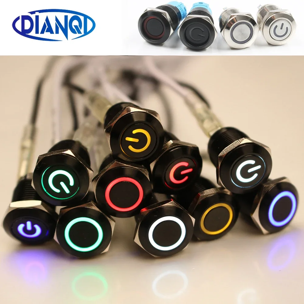 1 шт., 12 мм/16 мм, черный кнопочный переключатель, водонепроницаемые металлические плоские переключатели со светодиодной подсветкой и кольцевой маркировкой питания 3 В 12 В 6 В