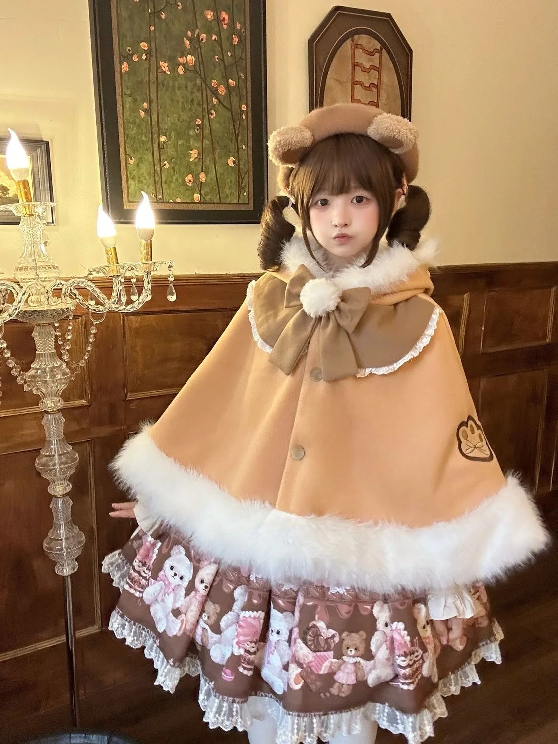 เสื้อคลุมโลลิต้าฤดูหนาวสไตล์ญี่ปุ่น น่ารัก หวาน ปักลาย ขนปุย มีฮู้ด ผูกโบว์ ติดกระดุมแถวเดียว ผ้าฟลีซ อุ่น สำหรับผู้หญิง