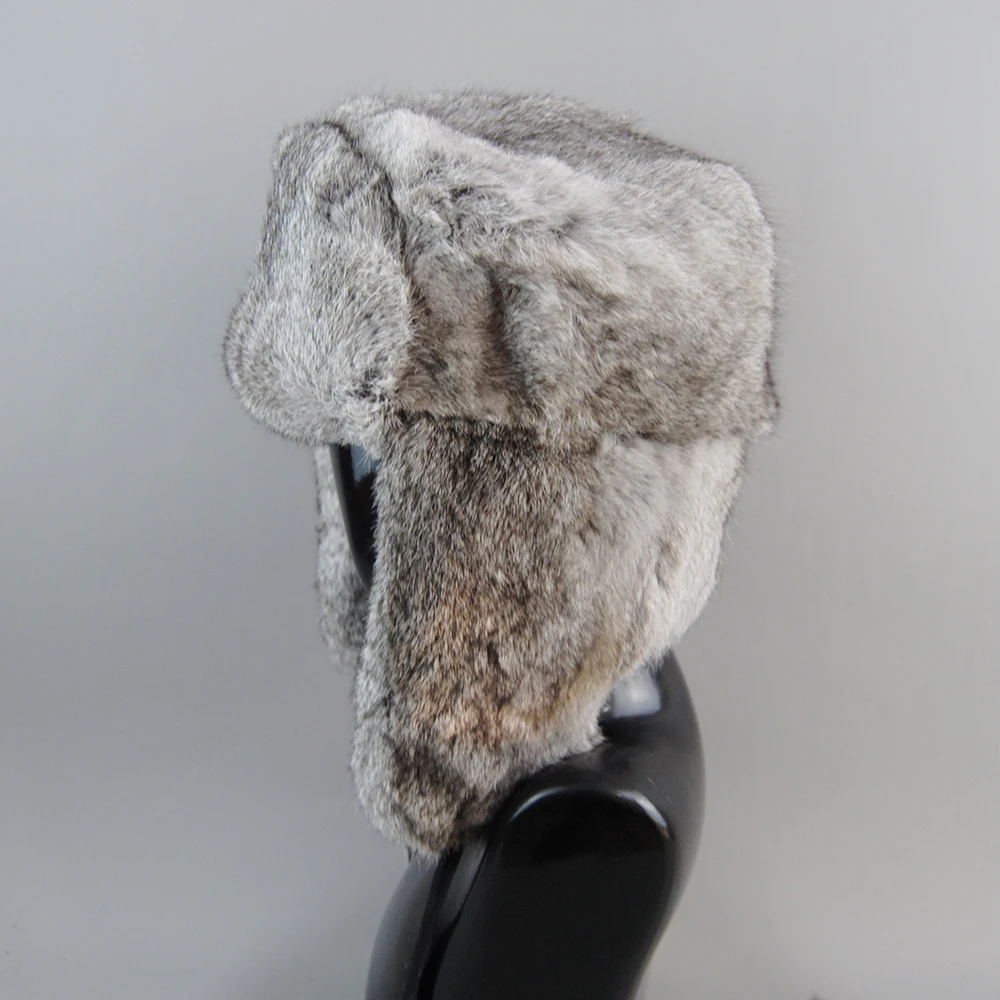 Rabbit Fur Cap Man Winter Genuine 100% Fur Bomber Hat Windproof Warm Earmuffs Male Flat Grey/Black Russian Hat Fitted Casquette