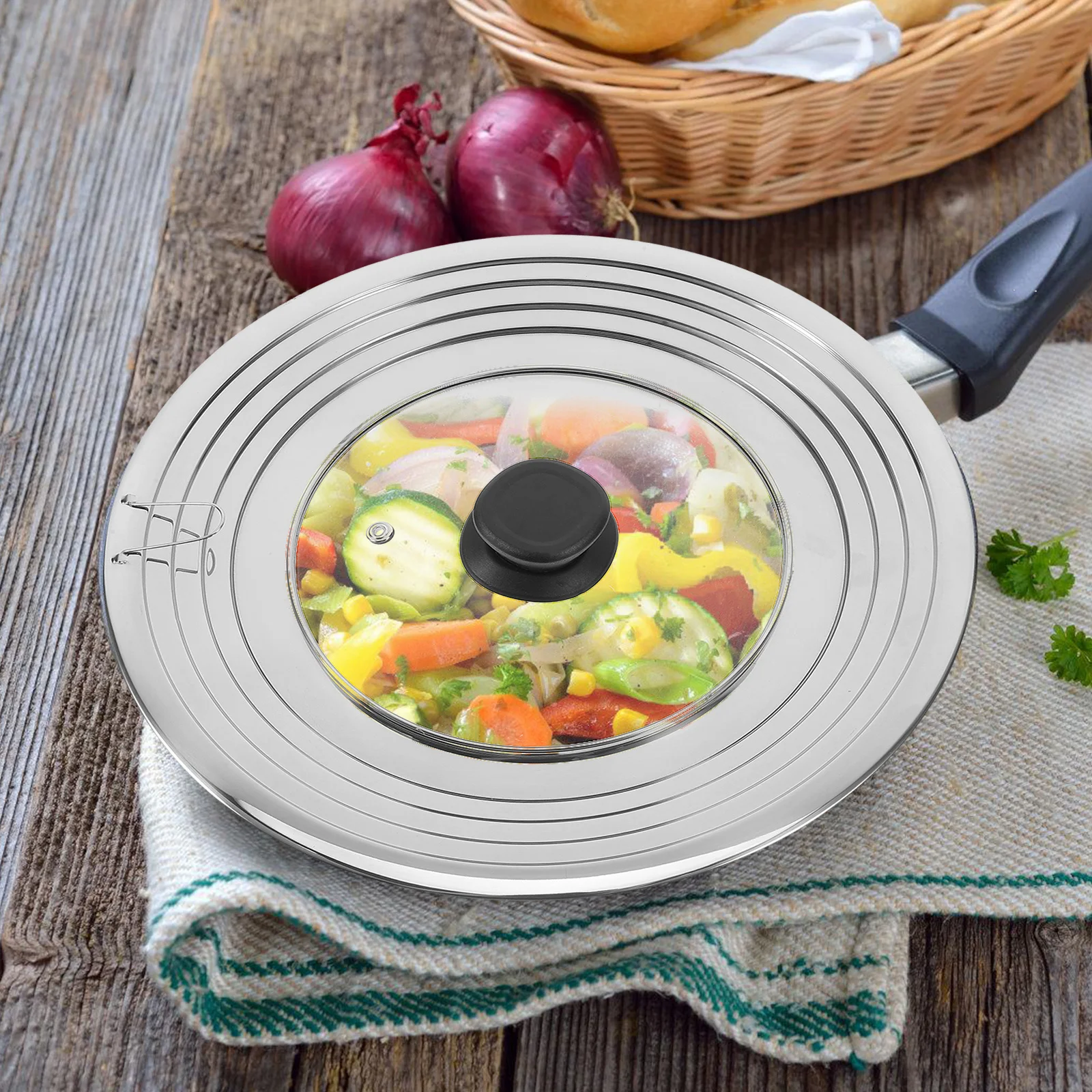 

Universal Glass Pan Lid with Stainless Steel Rim Non-Deformable Spill-Resistant Cover for Pot Wok Frying Pan Kitchen