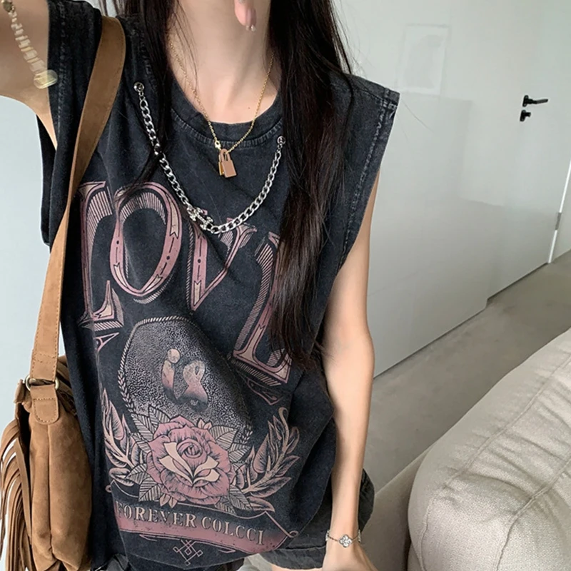 Dark Gothic Punk American Distressed Washed Distressed Tank Top T-shirt Women's Summer Loose Sleeveless Print Top Y2K Streetwear