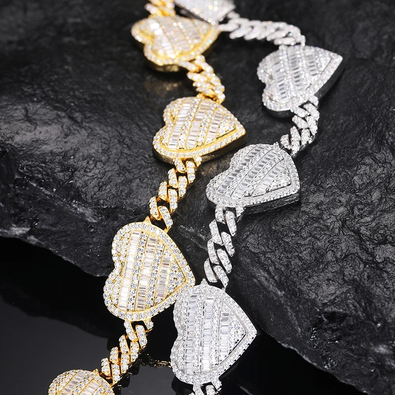 New Sterling Silver 925 Heart Miami Cuban Link Bracelet for Men Women Iced Out D Color Moissanite HipHop Punk Chain Fine Jewelry