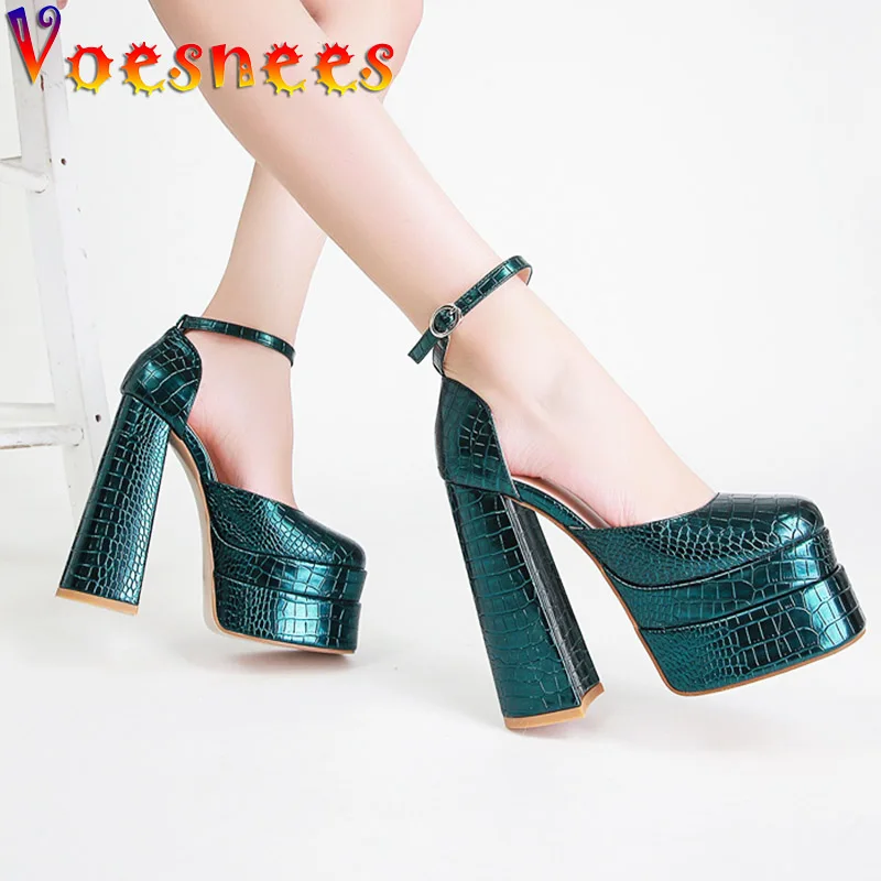 Women's Shoes 2022 Summer New Chunky High Heel Snake Print Sandals Fashion Square Head Thick Platform Buckle Strap Pumps Size 42