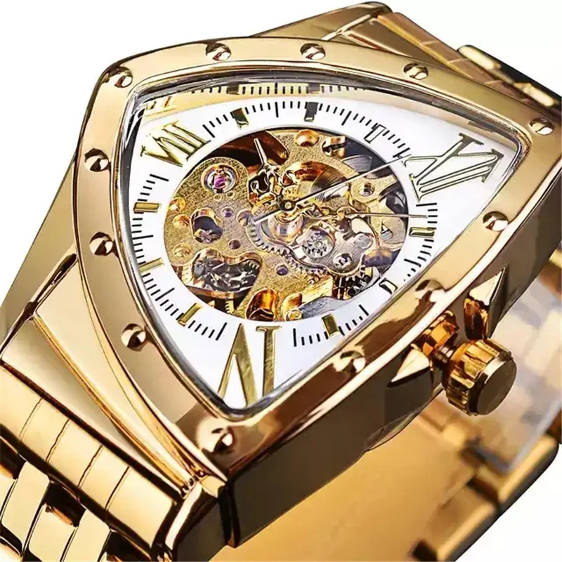 FORSINING 395 New Arrive Men Skeleton Automatic Mechanical Gold Vintage Man Watch Triangle Wristwatches Clock Best Gift for men