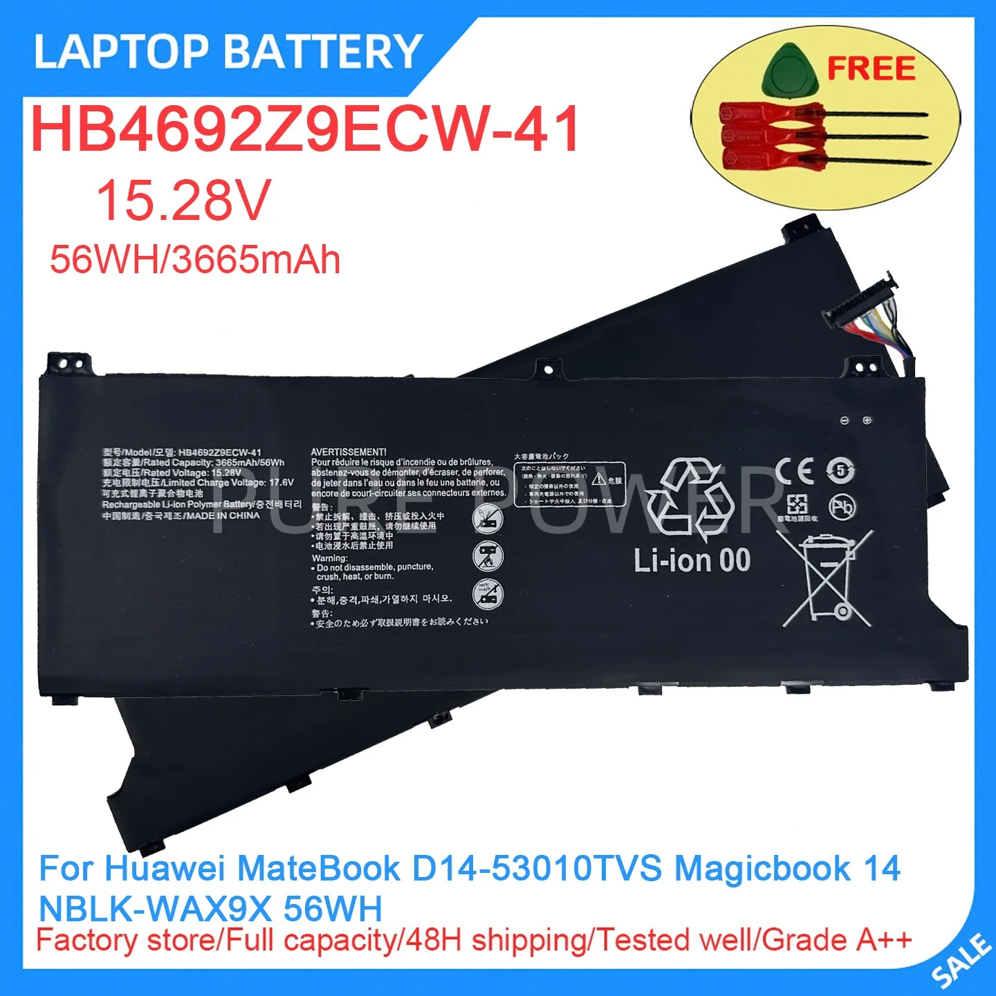 New Laptop Battery HB4692Z9ECW-41 15.28V 56WH 3665mAh High Quality For Huawei MateBook D14-53010TVS Magicbook 14 NBLK-WAX9X 56WH