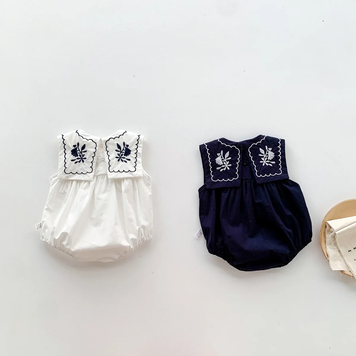 Newborn Baby Romper for Children's Clothing Sleeveless Vest Covered Bodysuit Girls Embroidered Square Neck Navy Style Jumpsuit