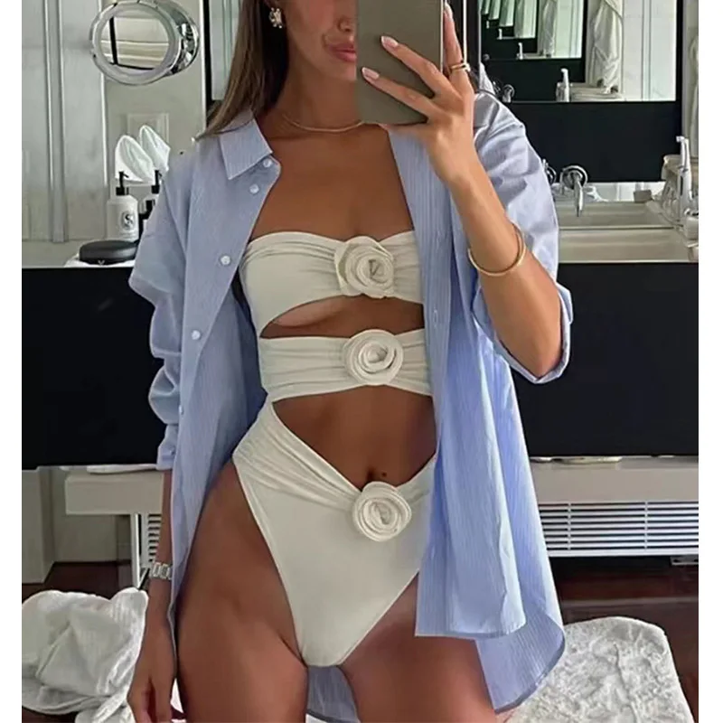 

Sexy High Waist Bathing Suit Woman 3D Flower White One Piece Swimsuit Women Summer 2024 Swimwear Solid Bikini Push Up Beach Wear