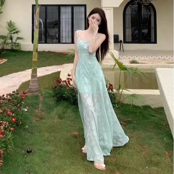 2025年新作夏スタイル フレンチフレッシュ＆スイート サスペンダードレス レディース 海辺のバカンスウェア ウエストミディ丈スカート