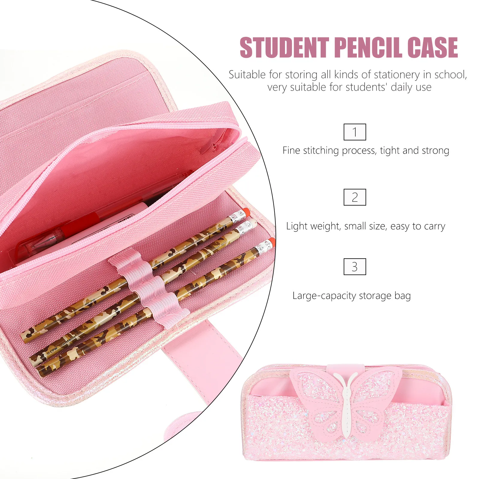 1Pcs Shiny Butterfly Pencil Case Student Stationery Bag Smooth Zipper Fine Stitching Insert Storage Adorable Fashion School