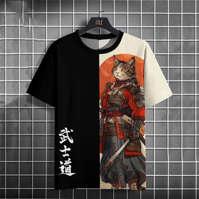 

Fashion Warrior Cat Graphic T Shirts For Men Trend Summer Crew Neck Japanese Ukiyo-e 3D Printed Loose Harajuku Unisex Clothing