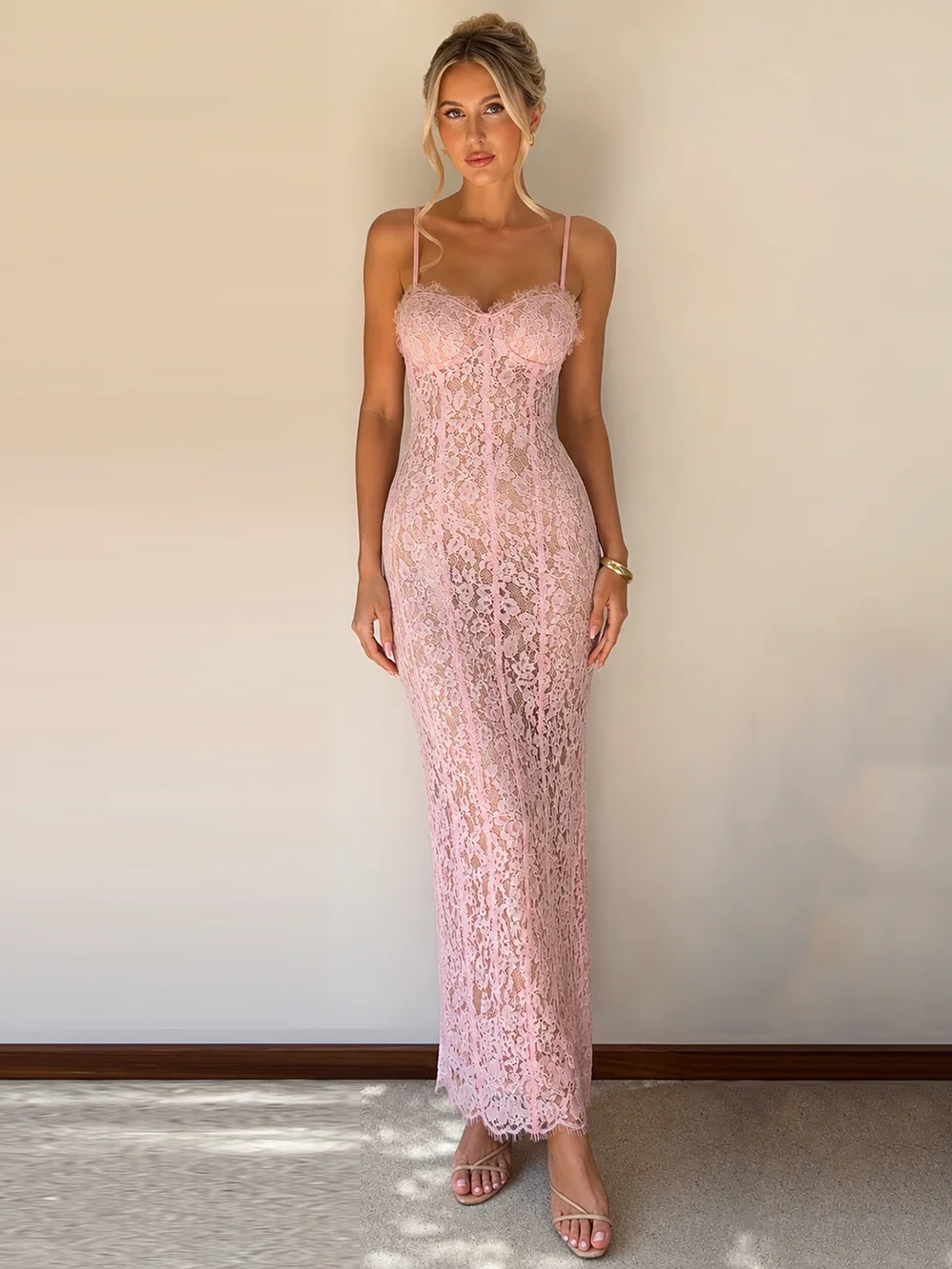 Modphy Sexy Spaghetti Strap Corset Lace Long Dress Women Pink Floral Lace Sleeveless Bodycon Dresses Elegant Evening Celebrity