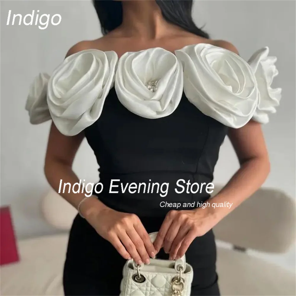 Vestido de noche de sirena moderno Indigo con hombros descubiertos, flores, sin tirantes, hasta el tobillo, vestido de fiesta para graduación, personalizado