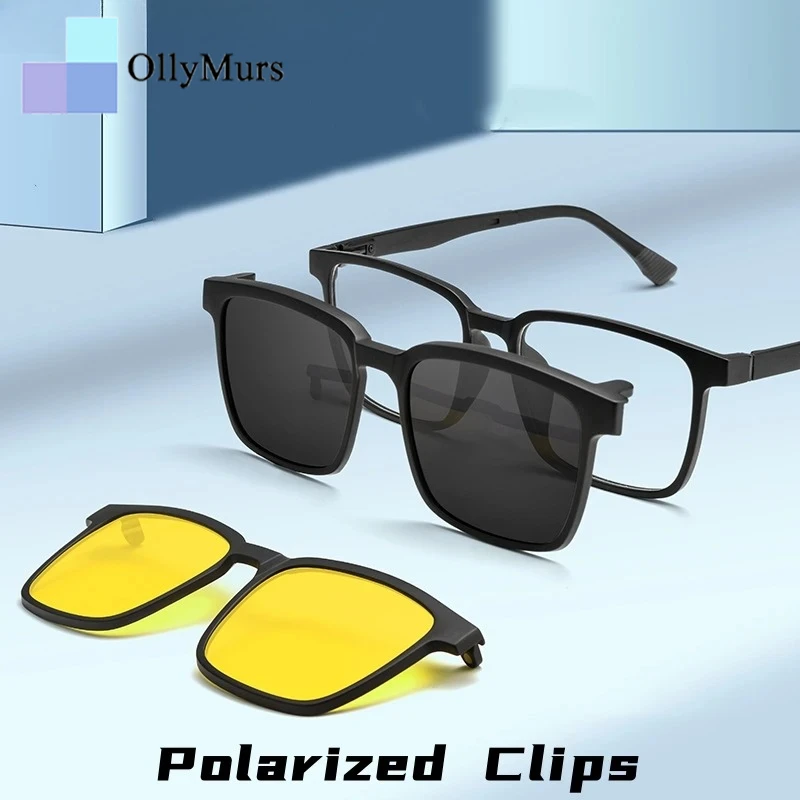 

OLLYMURS Fashion Square Magnetic Clip Eyewear Polarized Night Vision Optical Prescription Eyeglasses Frame Men and Women 99105R