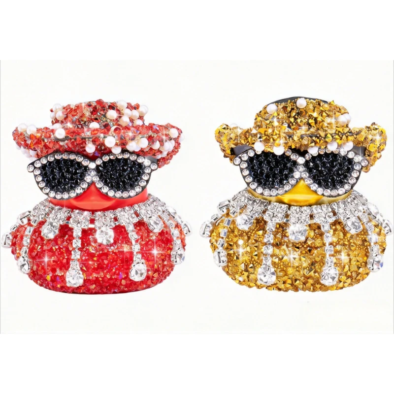 Bling Pearl Diamond Rubber Duck Car Ornaments Dashboard Decorations for Cute Jeep Duck Car Accessories Red Pink Gold
