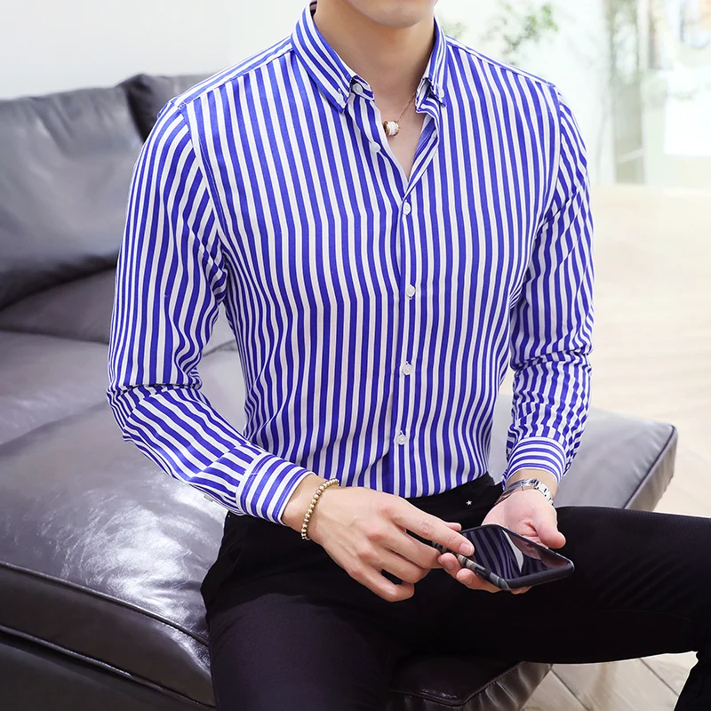 Men\'s striped shirt slim fit long sleeved high-quality business 2024 summer casual formal shirt Korean version casual dress shir