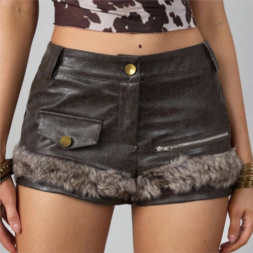Dameskleding Trendy retro leren shorts Modieuze patchworkbroek Sexy all-match eenvoudige stijl Ritspakket Hip Bodycon