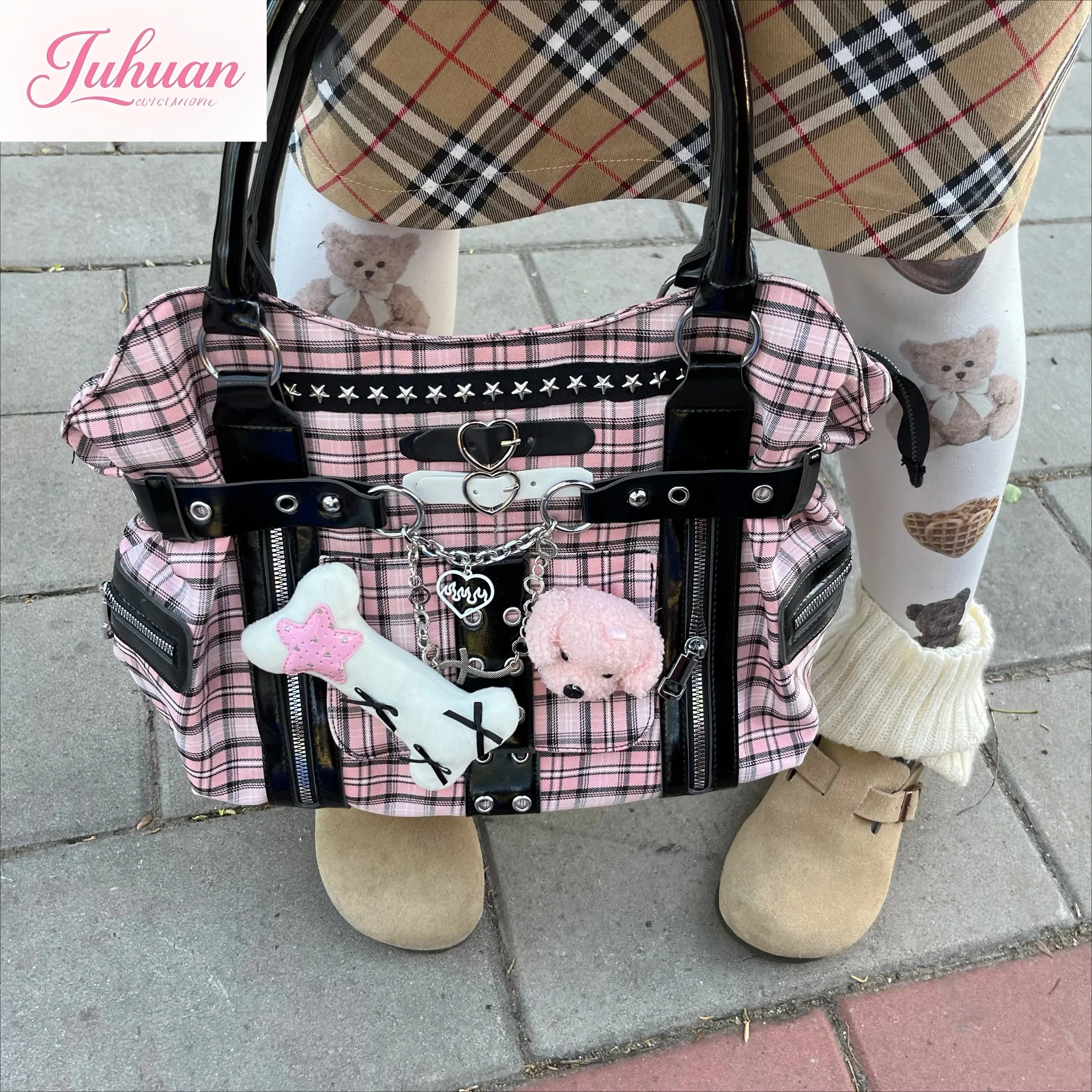 

Spice Girl Black Pink Splicing Color Plaid Y2k Shoulder Bag Subculture Cartoon Doll Pu Splicing Street Handbags Messenger Bag