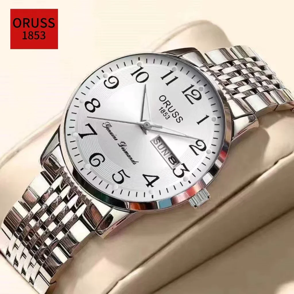 

ORUSS Original Men Stainless Steel Dual Calendar Waterproof Luminous Luxury Gold Watch Fashion Quartz Male WristWatch New Arriva