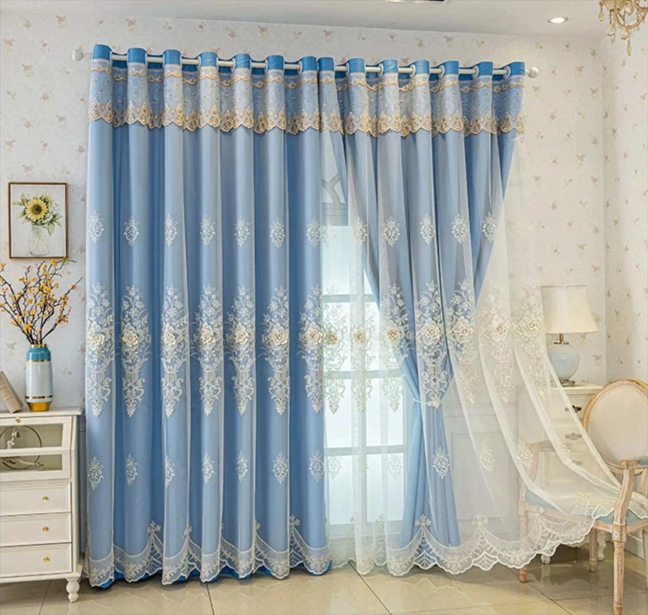 Customized  Simple European Style Double-layer Curtains with Gauze Integrated Bedroom Strong Blackout Living Room Door