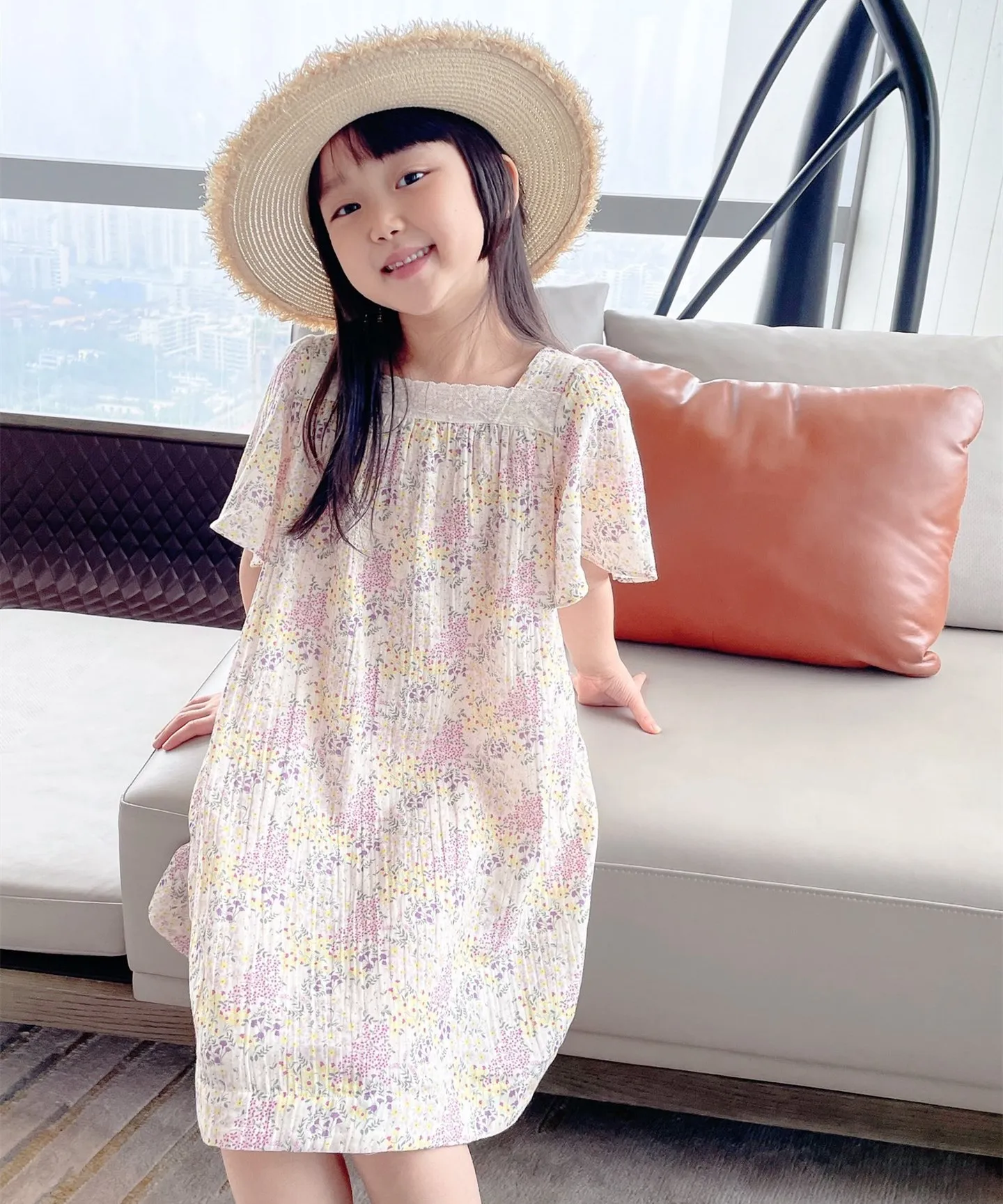 

baby girl clothes French Style Yellow Purple Floral Pattern Girls Dress Style Comfortable Custom Fabric High Quality Dress