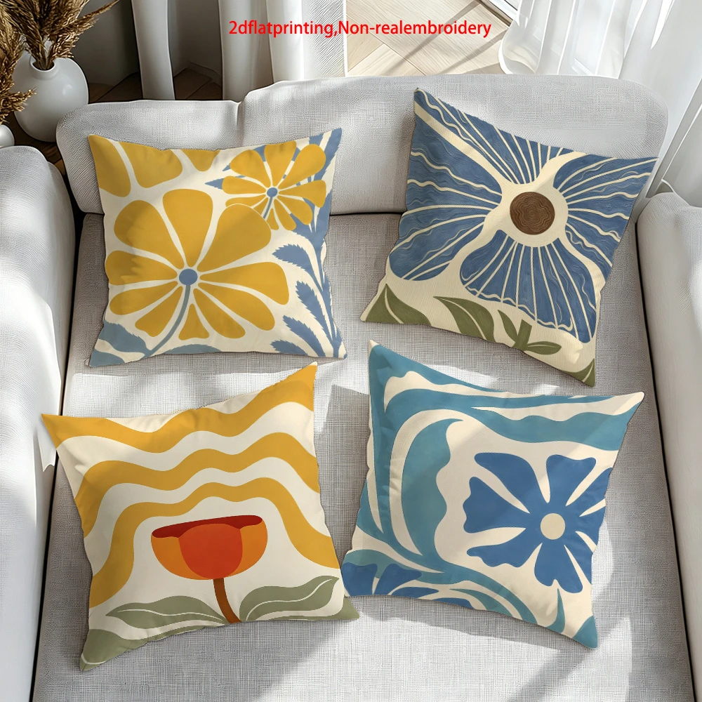 4pc Set of 4 Boho Floral Throw Pillow Covers  Mid Century Modern Decorative Pillowcases for Sofa Bedroom Living Room