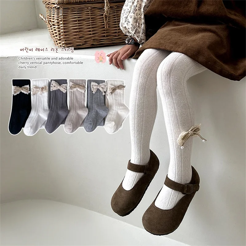 Baby Mädchen Kleinkind neue Bowknot Strumpfhose für Mädchen gestrickte Baumwolle Herbst Kinder Mädchen Strumpfhosen hohe Taille Kinder Strumpfhosen