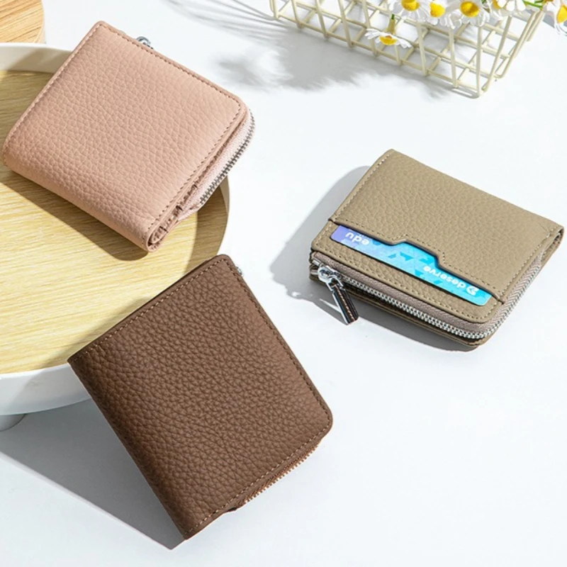 Brand Women Short Bifold Genuine Leather Purse RFID Blocking Zipper Coin Pocket Multiple Card Slots Cash Organizer Ladies Wallet