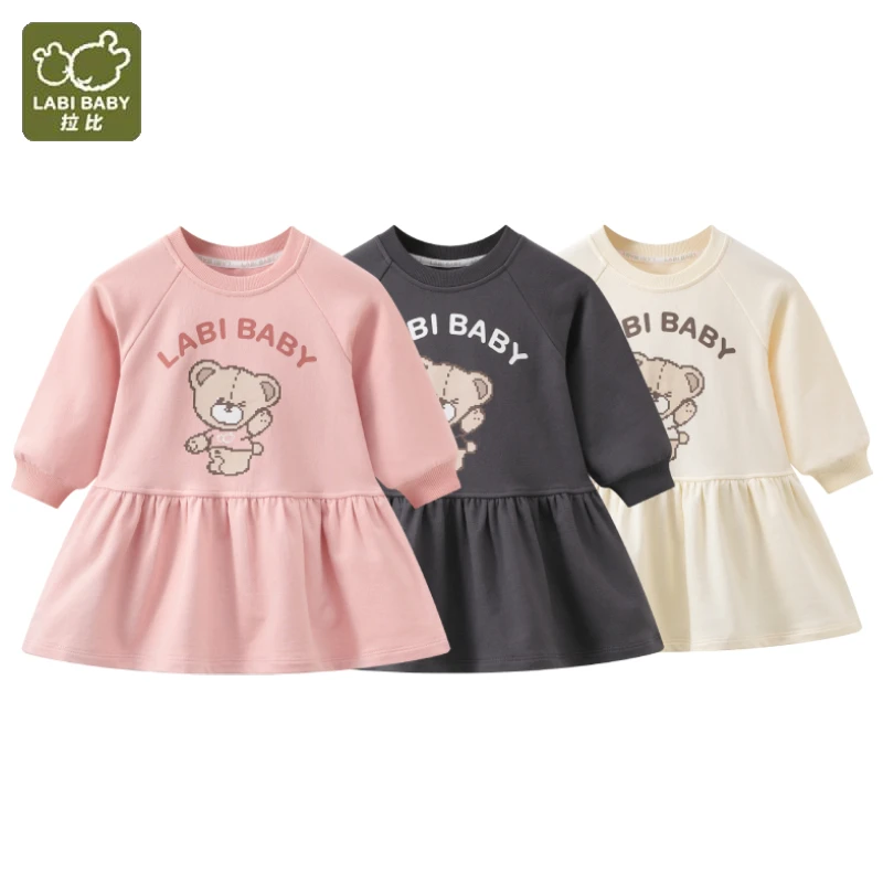 

LABI BABY Casual Autumn Dresses for Girls Kids Long Sleeves Round Neck Dress Sweet Children Outdoor Clothing Toddler Clothes