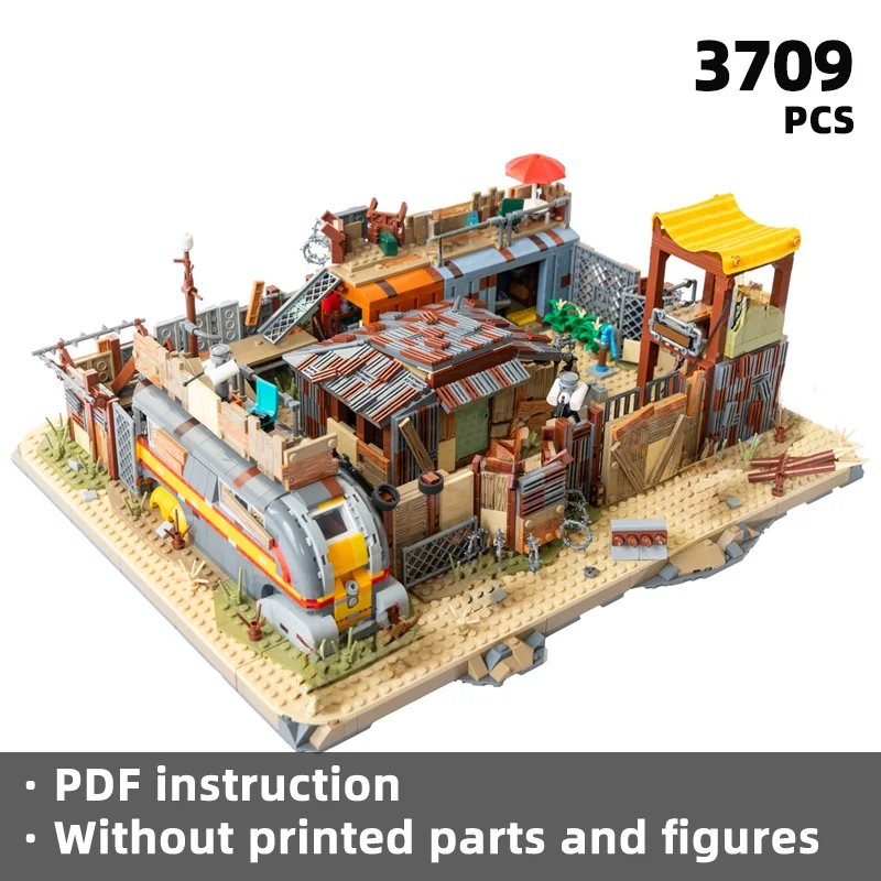 

Фоллоут! загранутый вместе из ржавого металла и разлученных строительных материалов, сцена из строительных блоков на тему приключений подъемного дня.