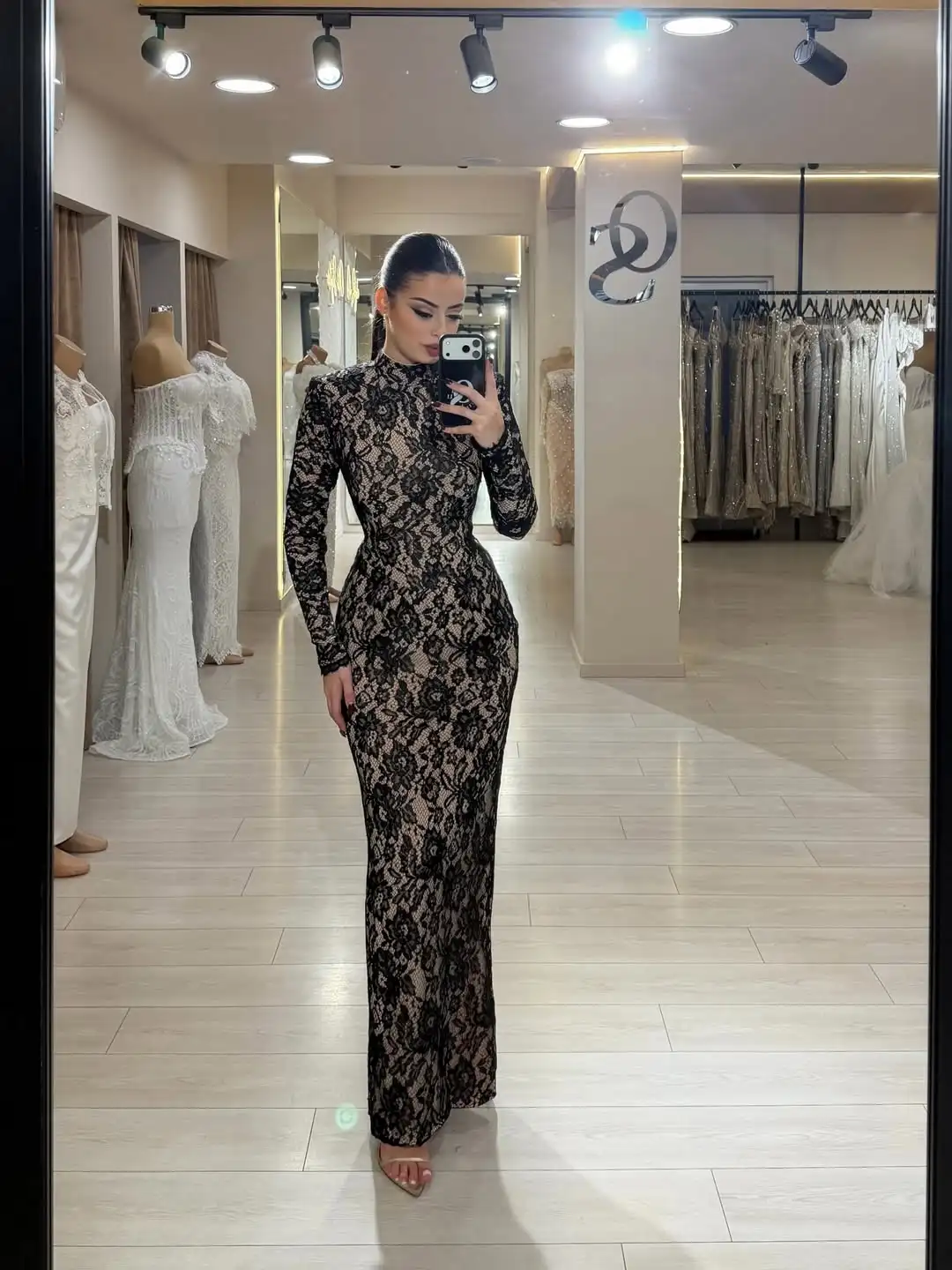 Elegante preto tendência de luxo bainha alta pescoço rendas costas abertas manga longa renda até o chão noite baile formal vestido de festa