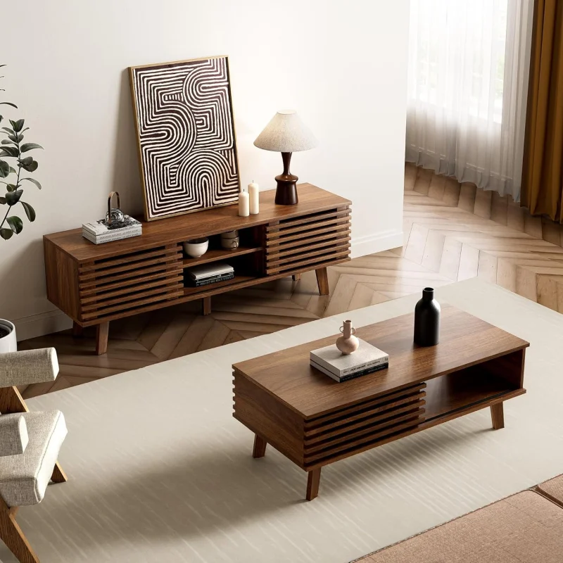 

2026 Living Room Sets of 2, Mid and TV , Wood Coffee Table with Storage, Modern TV Stand