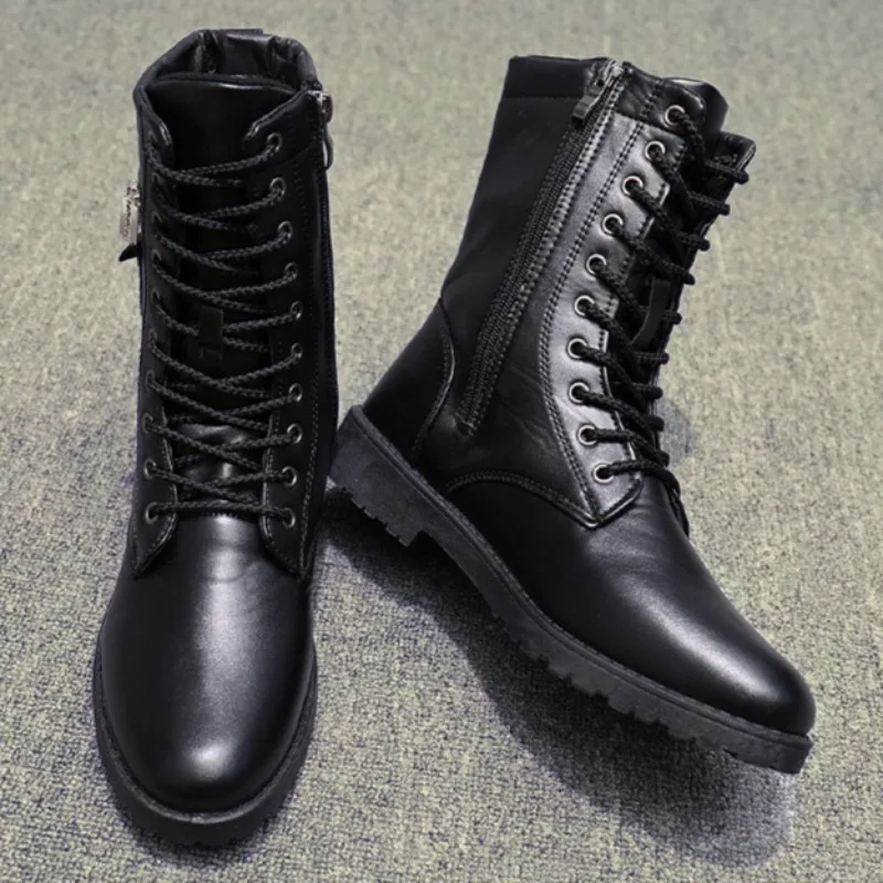 Men's High-top Boots Fashion Motorcycle Boots Metal Side Zip Leather Boot Plush Warm Winter Boots for Men Casual Business Botas
