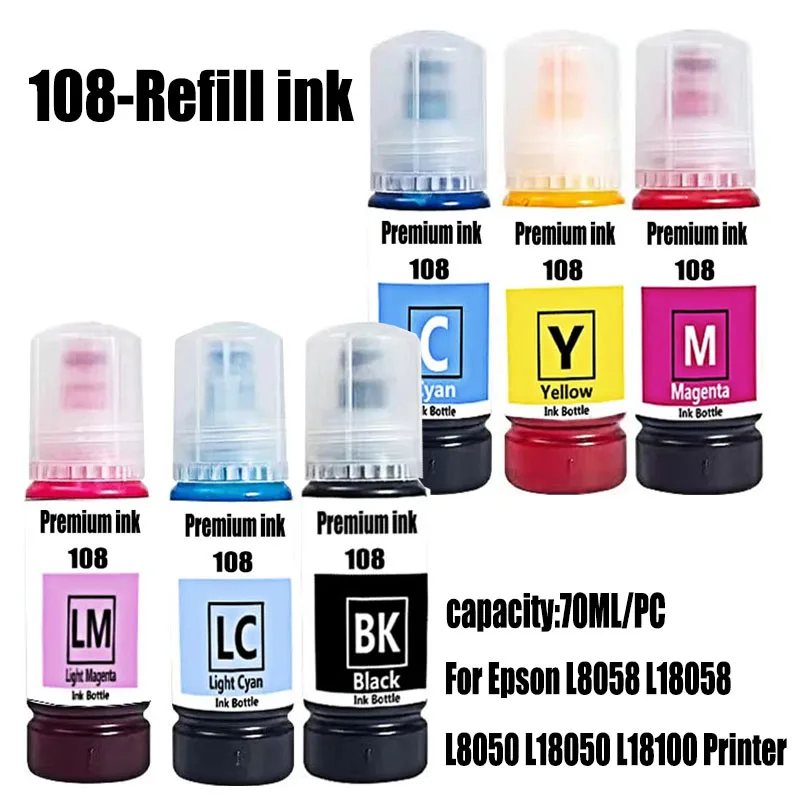 

Чернила для принтеров Epson L8050, L8058, L18050, L18058, ET-18100, 108 цветов, 100 мл, чернила для заправки.
