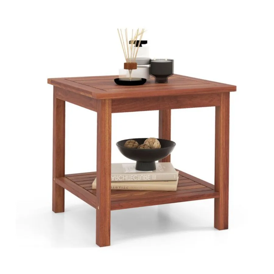 

DoubleTier Acacia Wood Patio Side Table with Slatted Tabletop and Shelf