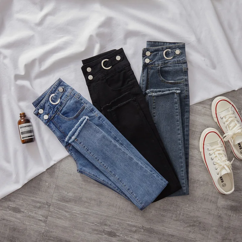 

High Waisted Jeans Female Small Leg Pants Elastic Thin Slim Raw Edge Nine Points Tight Pencil Trousers
