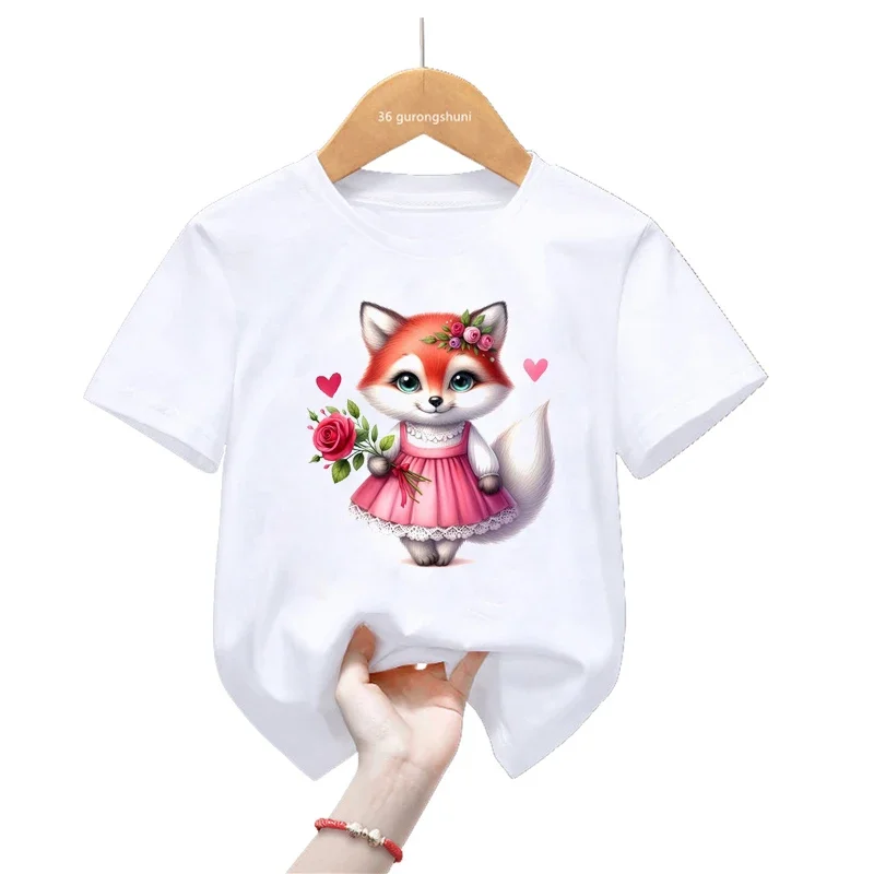 

2024 Hot Sale Funny T Shirt For Girls/Boys Kawaii Fox Flowers Print Tshirt Harajuku Kids Clothes Summer Short Sleeve T-Shirt