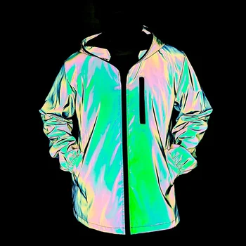 Men's Night Reflective Windproof Hooded Jacket Hip-hop Streetwear Couple Trend Coat for Outdoor Cycling Jogging Safety Clothing 2
