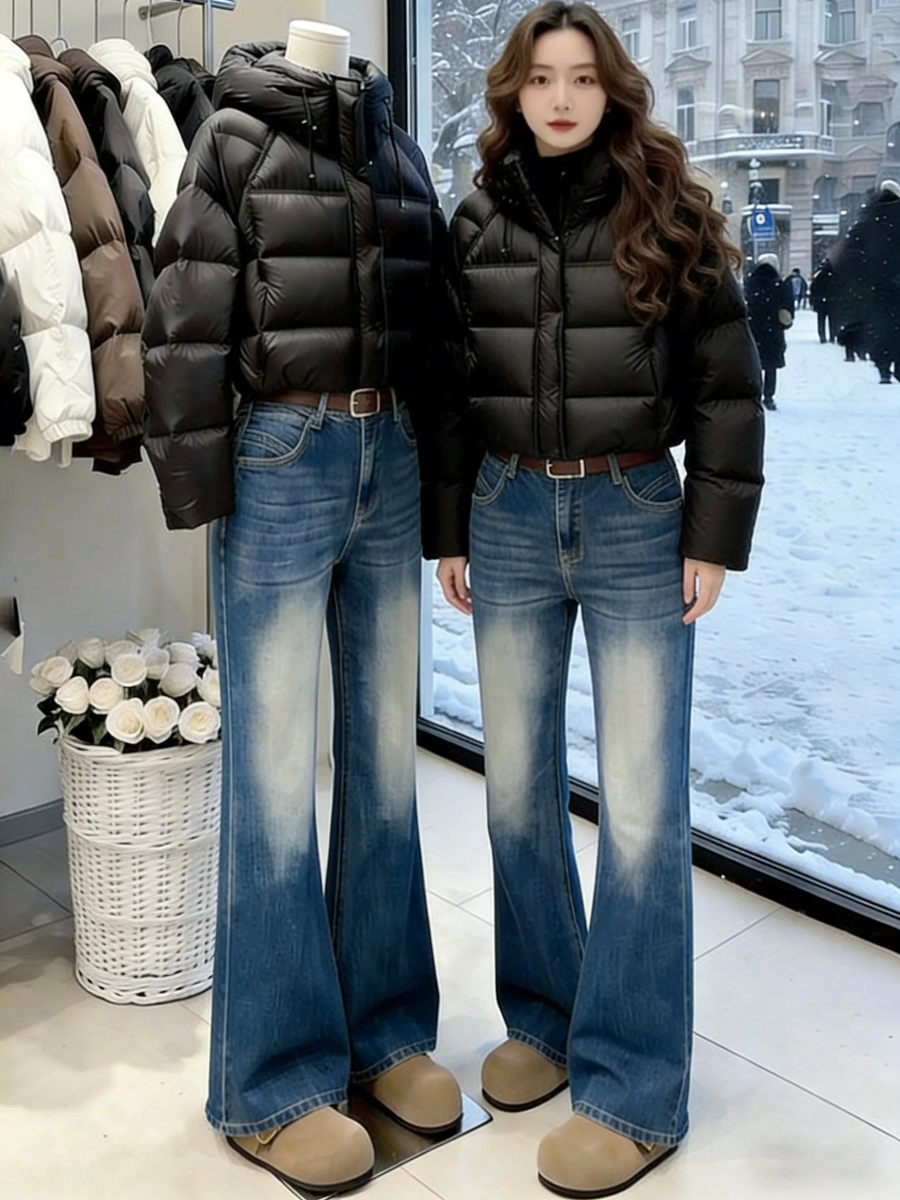 

Retro American Design Fce Lined Slim Fit Bell Bot Jeans Women's Autumn Winter Slimming Versatile High Waist Trousers