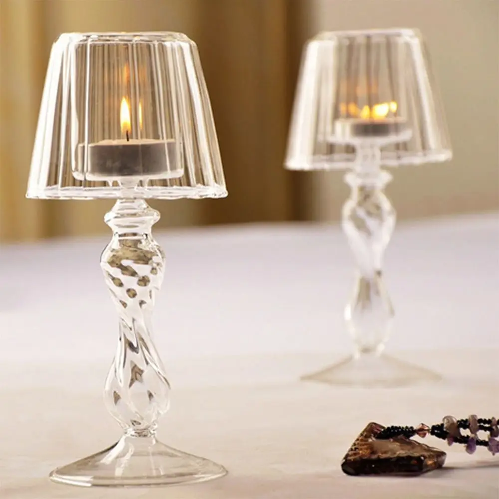 Glass High Footed Striped Candlestick Delicate Creative Lamp Shaped Candle Holder Transparent Art Craft Candelabra Desktop