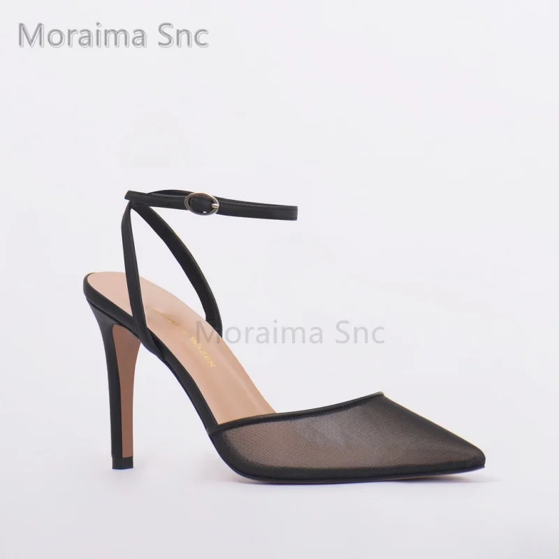 Pointed Toe Mesh High Heels Sandals Women Sexy Fashion Ankle Buckle Strap Cover Toe Back Empty Banquet Dress Shoes Summer