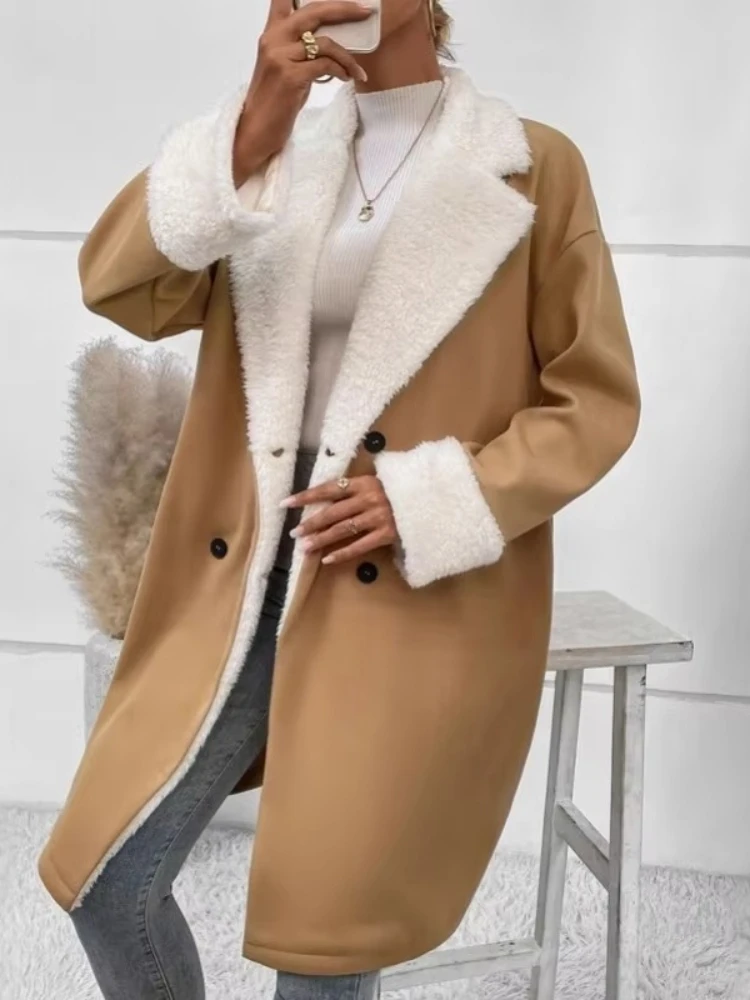 Winter Suede Wool Blends Jacket Womens Casual Lapel Medium Length Female Woolen Coats  Long Sleeve Commuting Women's Clothing