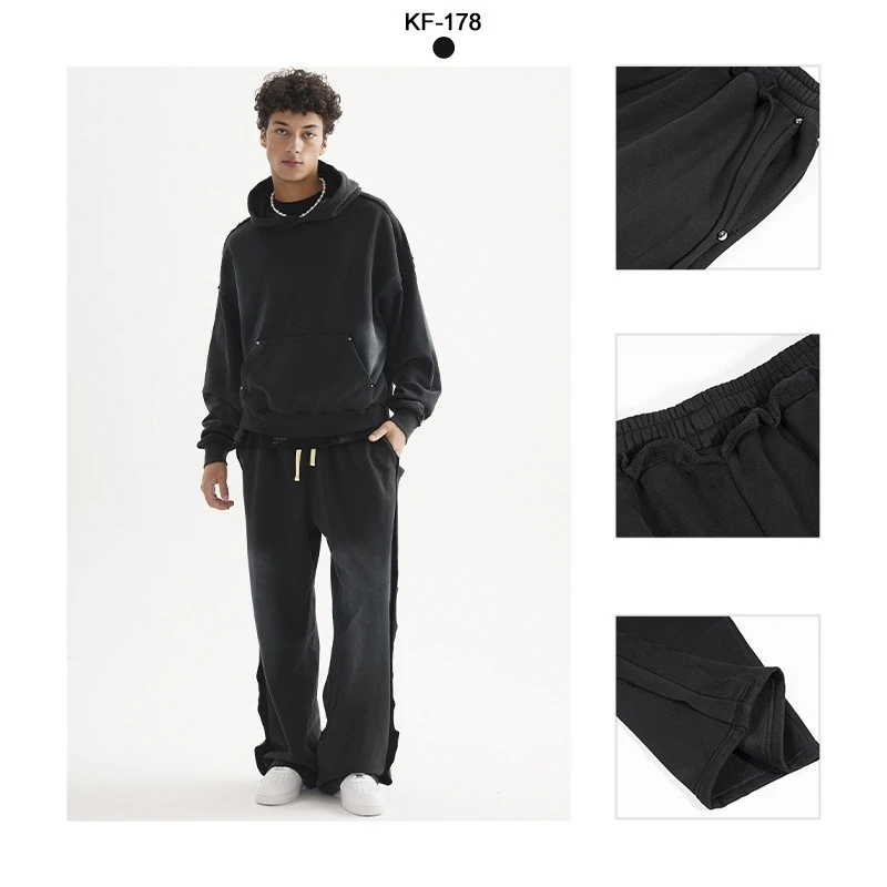 Mens American Street Trend Spray Wash Trousers High Quality Loose Fit Distressed Edge Patchwork Casual Pants