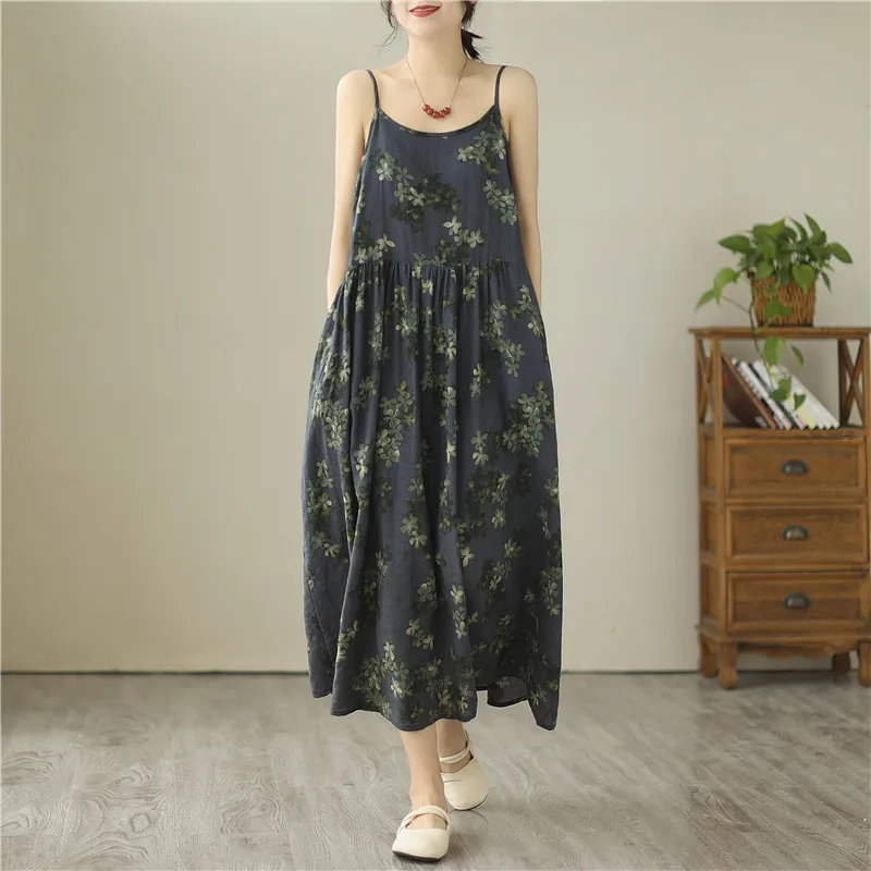 Summer Cotton Sleeveless Spaghetti Strap Print Vintage Long Dresses For Women 2023 New Casual Beach Dress Femme Elegant Clothing